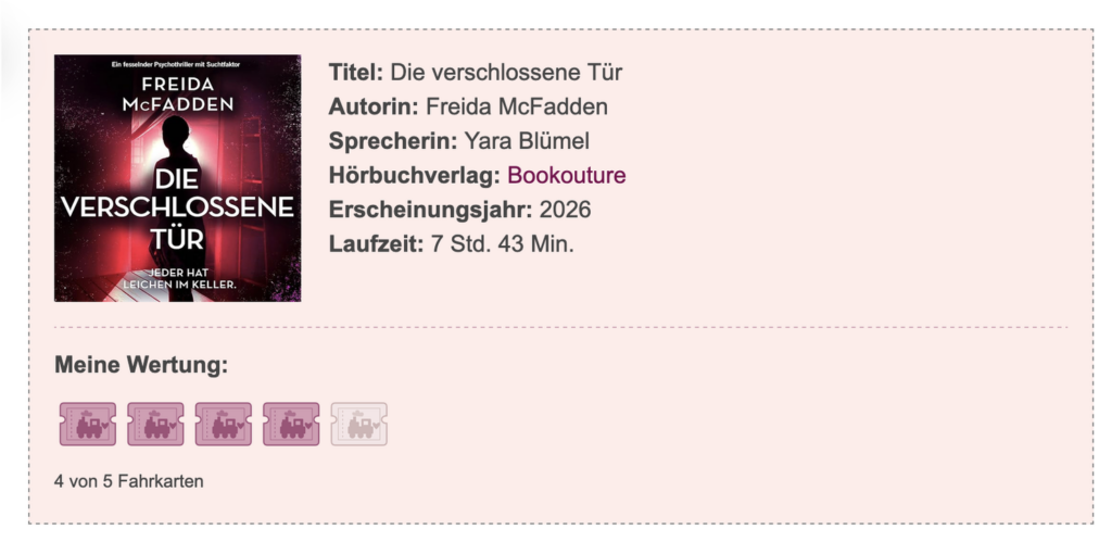 Neuer Hörbuchkasten auf dem Buchbahnhof mit Cover, Hörbuchinformationen und Fahrkartenbewertung.