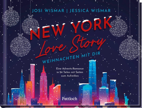 Buchcover von „New York Love Story – Weihnachten mit dir“ von Josi und Jessica Wismar im Querformat, mit dunklen Farben und angedeuteten Christbaumkugeln.